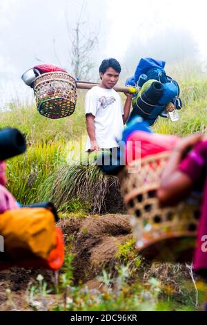Porter Carrying Food and Camping Equipment on the Trek up Mount Rinjani, Lombok, Indonesia, Asia Stock Photo