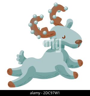 Green christmas deer on white isolated backdrop. Christmas holiday mascot for invitation or gift card, notebook, bath tile, scrapbook. Phone case or c Stock Vector