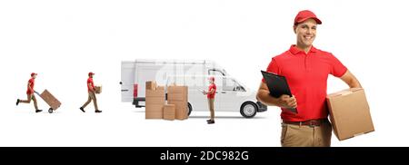 Workers loading boxes into transport vans isolated on white background Stock Photo