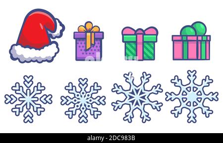 Snowflake, hat, gifts on white isolated backdrop. Christmas holiday symbols for invitation or gift card, notebook, bath tile, scrapbook. Phone case or Stock Vector