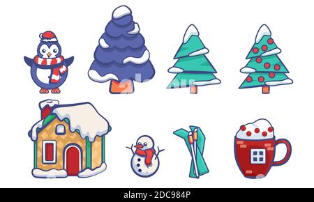 Penguin, snowman, spruce on white isolated backdrop. Christmas sticker set for invitation or gift card, notebook, bath tile, scrapbook. Phone case or Stock Vector