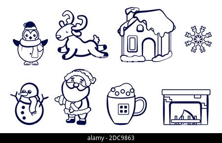 Fireplace, deer and Santa on white isolated backdrop. Christmas sticker set for invitation or gift card, notebook, bath tile, scrapbook. Phone case or Stock Vector