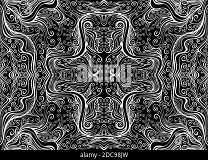 White line on black background psychedelic tryppi fractal pattern maze curly waves pattern. Stock Vector