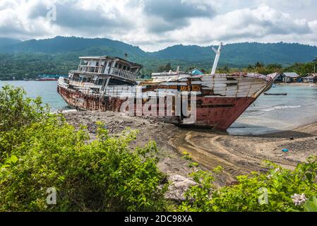 Shipwreck fishing boat, Pulau Weh Island, Aceh Province, Sumatra, Indonesia, Asia Stock Photo