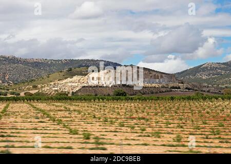 Quarrying stone, Andalusia, Spain. In the foreground a newly planted field and olive tree orchard. The hill itself being cut into massive stone blocks Stock Photo