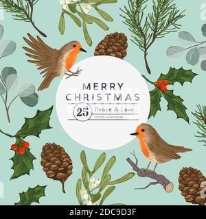 Vintage floral christmas layout desing with robin birds and seasonal plants including mistletoe and pine. Vector illustration. Stock Vector