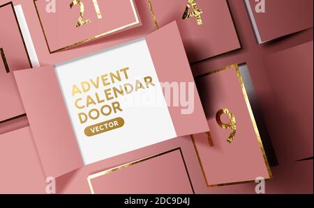 Christmas advent calendar door opening to reveal a message. Realistic festive vector illustration. Stock Vector