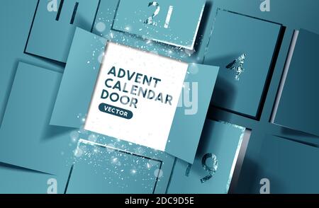 Christmas advent calendar door opening to reveal a message. Realistic vector illustration. Stock Vector