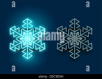 A neon glowing blue snowflake light with on and off version of the lamp. Christmas vector illustration. Stock Vector