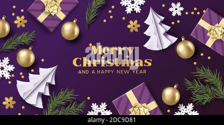 Maerry christmas layout design with purple and gold colours, christmas decorations and fir branches. Vector illustration Stock Vector
