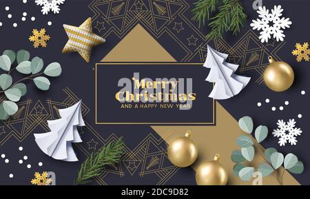 Vintage gold christmas layout design with xmas decorations and paper christmas trees. Vector illustration. Stock Vector