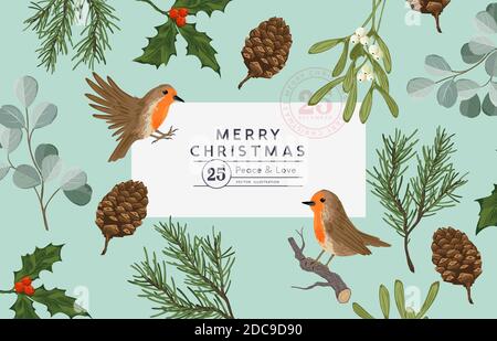Vintage natural christmas background design wiht birds and floral plants. Vector illustration Stock Vector