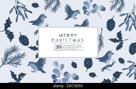 A vintage natural christmas pattern card design with birds and floral plant elements. Vector illustration Stock Vector