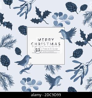 Natural vintage christmas placard desing with birds and botanical plant elements. Vector illustration Stock Vector