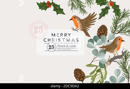 Winter christmas vintage layout design with robin birds and natural foliage including holly, pine, mistletoe and eucalyptus. Vector illustration. Stock Vector