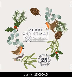 A vintage christmas natural illustration frame wreath with winter Robin birds and botanical floral plants, holly pines, mistletoe and eucalyptus leave Stock Vector