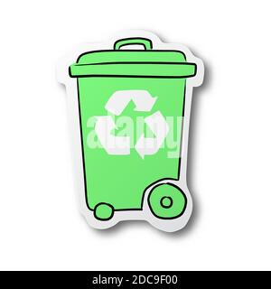 Vector illustration black line hand drawn of green recycle bin and sign on cut paper with shadow isolated on white background Stock Vector