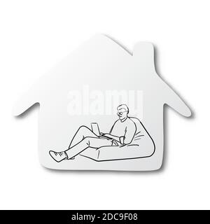 Vector illustration black line hand drawn of man working with laptop computer on beanback in the home shape cut paper and shadow isolated on white bac Stock Vector