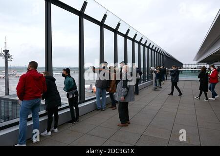 01.11.2020, Schoenefeld, Brandenburg, Germany - Visitors can enjoy the view from the visitor's terrace of the Berlin Brandenburg BER Airport over the Stock Photo