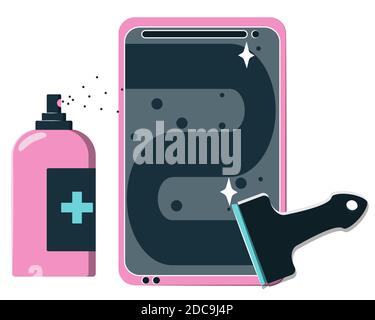 Smartphone desinfection concept bright illustration. Alcohol sanitizer spray, clean mobile touch screen, scraper. Flat cartoon isolated vector. Virus prevention hygienic rules. Keep gadget bacteries free and safe. Stock Vector