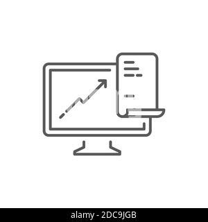 Computer monitor with business graph growing chart icon, color, line, outline vector sign, linear style pictogram isolated on white. Symbol, logo illu Stock Vector