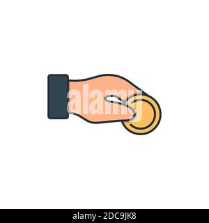 Donation hand with money icon, color, line, outline vector sign, linear style pictogram isolated on white. Symbol, logo illustration. Editable stroke. Stock Vector