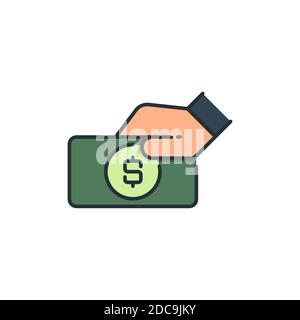 Donation hand with money icon, color, line, outline vector sign, linear style pictogram isolated on white. Symbol, logo illustration. Editable stroke. Stock Vector