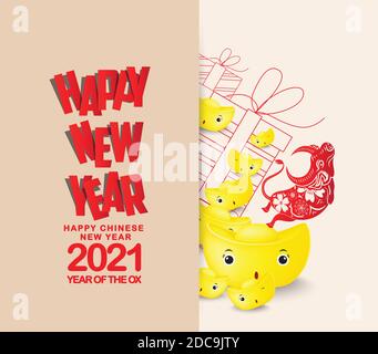 Oriental Happy Chinese New Year 2021 gold ingots and gifs. Year of the Ox Stock Vector