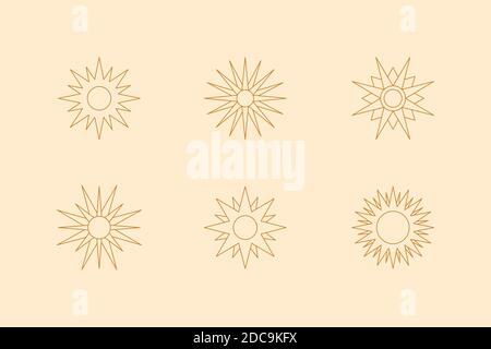 Set of Boho Sun in minimal liner trendy style. Vector Icon, logo, labels, badges for t-shirts print, creating patterns, social media posts and stories Stock Vector