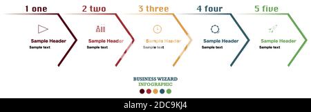 Infographic with five wizard steps of business development. Flow chart for marketing presentation of project details Stock Vector