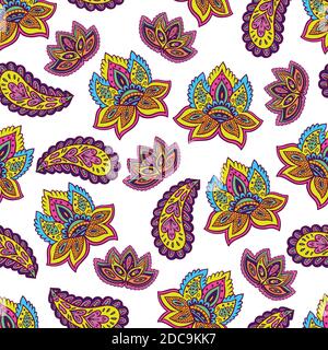 Bright seamless psychedelic pattern with floral and paisley elements Stock Vector
