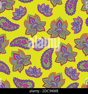 Bright seamless psychedelic pattern with floral and paisley elements Stock Vector
