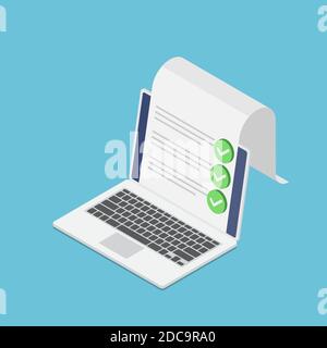 Flat 3d Isometric Laptop with Document and Check Mark. Online Survey and Checklist Concept. Stock Vector