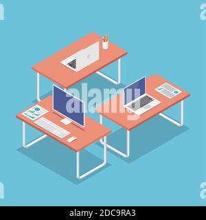 Flat 3d Isometric Office Workplace with Laptop and PC Monitor Stock Vector