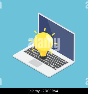 Flat 3d Isometric Laptop with Yellow Lightbulb of Idea. Business Idea Concept. Stock Vector