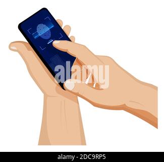 man holds smartphone with fingerprint scanner in his hand. Scanning person fingerprint for mobile identification app. Search devices for scanning data Stock Vector