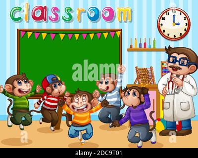 Five little monkeys jumping in the classroom with a doctor illustration Stock Vector