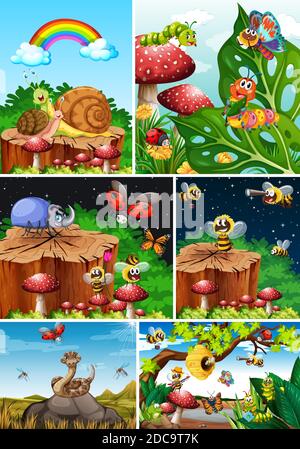 Set of different insects living in the garden background illustration Stock Vector