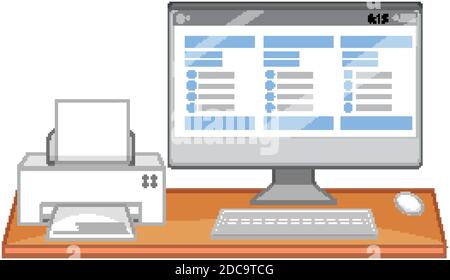 Computer and printer on office desk on white background illustration Stock Vector