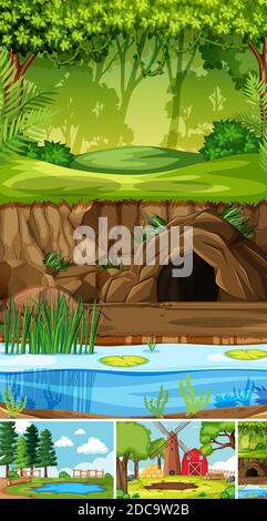 Four different scenes in nature setting cartoon style illustration Stock Vector