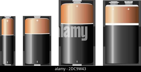 Types of alkaline battery isolated on white background illustration Stock Vector