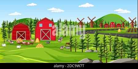 Farm nature with barns landscape scene illustration Stock Vector Image ...