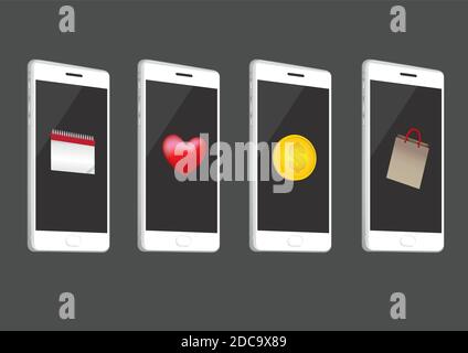 White cell phones, slightly tilted to show buttons at the side, with application icons, on screen. Set of four vector illustrations isolated on grey b Stock Vector