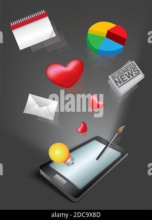 Creative vector illustration of mobile apps icons bursting out of smart phone against on black background. Stock Vector