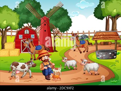 Old MacDonald in a farm nursery rhymes scene illustration Stock Vector