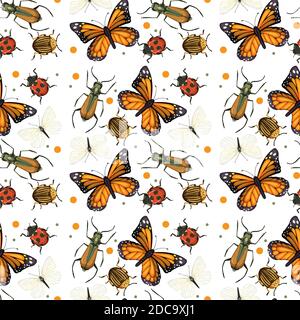 Different insects seamless pattern white background illustration Stock Vector