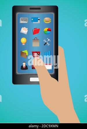 Hand holding mobile phone with applications icons on touch screen. Vector illustration isolated on blue background. Stock Vector