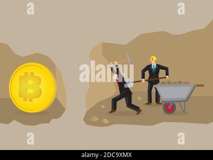 Businessmen working on digging on bitcoin. Virtual cryptocurrency mining concept. Stock Vector