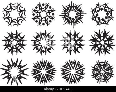 Set of twelve vector illustrations of abstract round symbol pattern in black isolated on white back background. Stock Vector