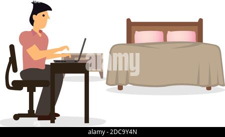 Man working with on his laptop in his house. Working at home. Freelancers working on laptops at home. People at home in quarantine. Vector illustratio Stock Vector